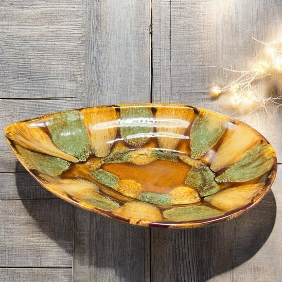 Dryden Pottery Other - Dryden Pottery Teardrop Shape Dish Plate Centerpiece Brown Glazed Marked Vintage